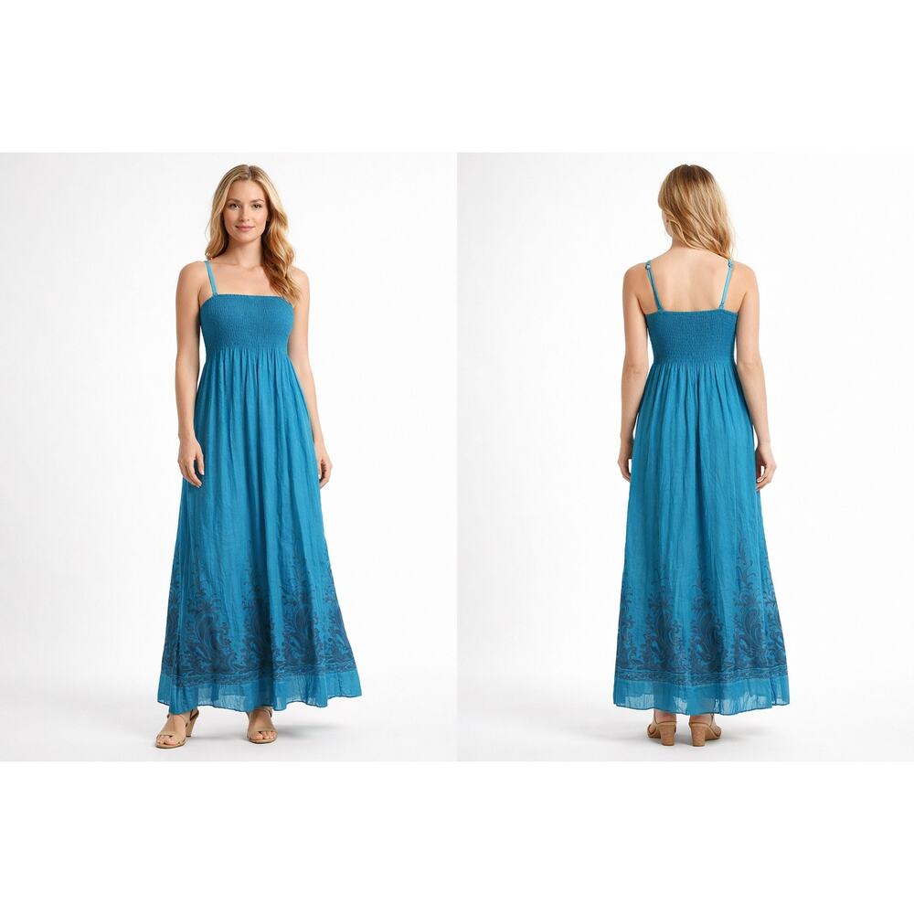 Lapis Anthropologie Teal Smocked Maxi Dress Paisley Gauze Festival Cottagecore